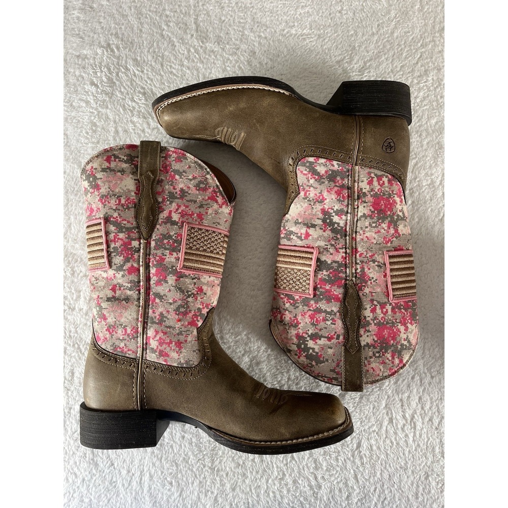 Ariat Women's Patriotic Camo Square Toe Leather Western Boot Pink Brown Sz 8.5B